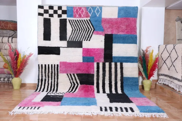 Poufs&Pillows Vloerkleed Kinderkamer - Marokkaans Vloerkleed - 285 x 210 cm - Handgemaakt, Kleurrijk & Uniek - Gemaakt van 100% wol - Hoogpolig Azilal Tapijt - Berber Vloerkleed wit