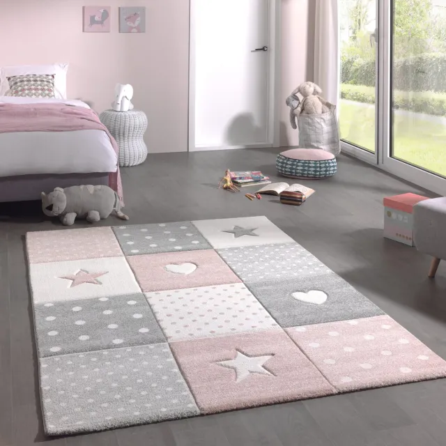 the carpet Monde Kids – zacht kindertapijt met harten, sterren en stippen, korte pool, onderhoudsvriendelijk en allergievriendelijk, roze/grijs