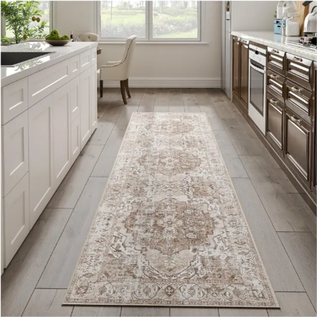BOG Vintage Vloerkleed Loper 60x300 Cm - Bruin Met Bloemenprint - Antislip - Dun En Opvouwbaar - Wasbaar Tapijt Voor Woonkamer - Keuken - Slaapkamer - Kantoor - Indoor Gebruik