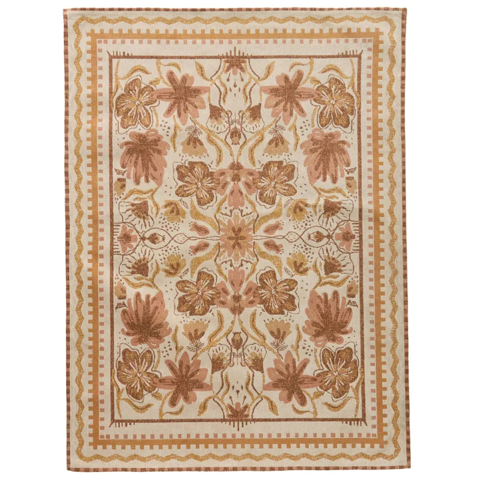 NOUS Living laagpolig gebloemd vloerkleed Roman oker/roze oker/oudroze/bruin