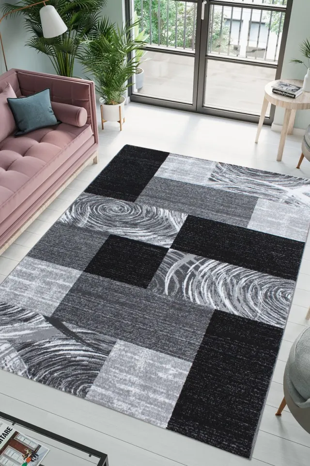 flycarpets Jaden Modern Vloerkleed Geblokt - Zwart / Grijs - 80x150 cm - Laagpolig Tapijt Loper