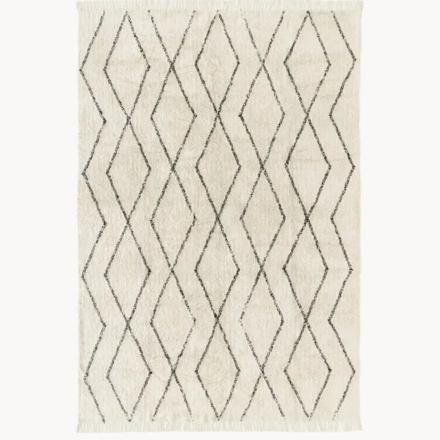 Westwing Collection Handgetuft katoenen vloerkleed Bina met ruitjesmotief en franjes Wit