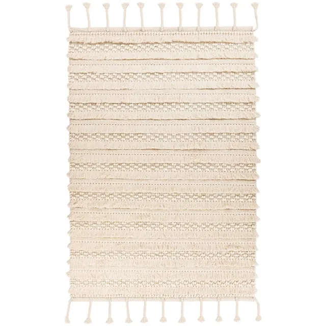 Padiro stijlvol laagpolig vloerkleed 160 x 230 cm - lichtbeige - geometrisch boho-streeppatroon - met franjes - voor vloerverwarming - van wol en katoen