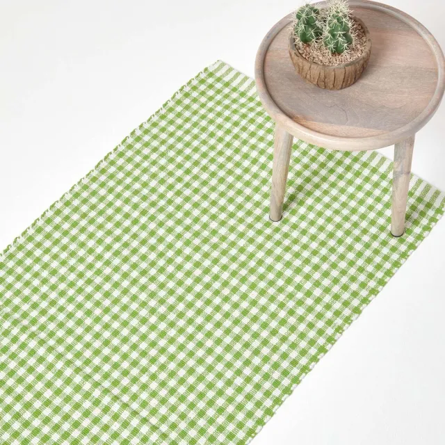 Homescapes katoenen tapijtloper groen en wit geruit - Vichy ruit, 66x200 cm