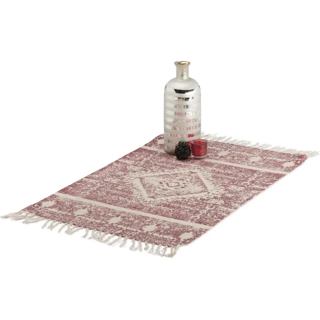 Relaxdays vloerkleed Ethno - wijnrood - laagpolig - met franjes - loper - tapijt - kleedje Rood, 60 x 90 cm