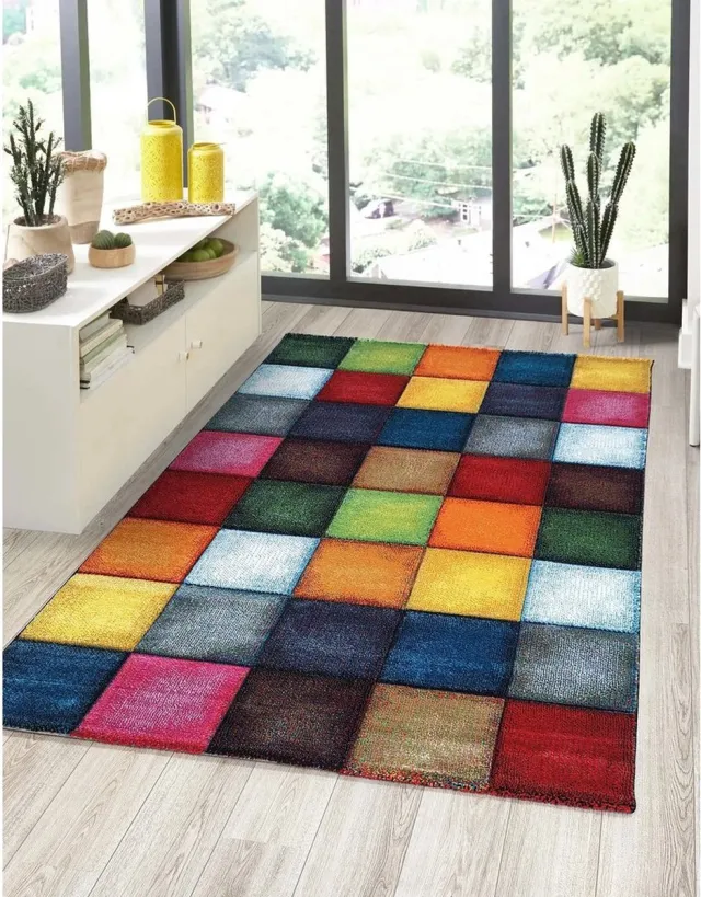 flycarpets Vernazza Vloerkleed Kleurrijk - Geblokt motief - Laagpolig Vloerkleed Woonkamer Groen