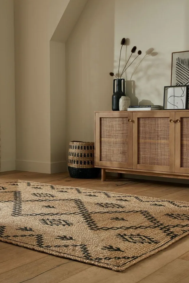 flycarpets Rowen Patterned Modern Laagpolig - Jute Vloerkleed - Naturel / Beige / Zwart