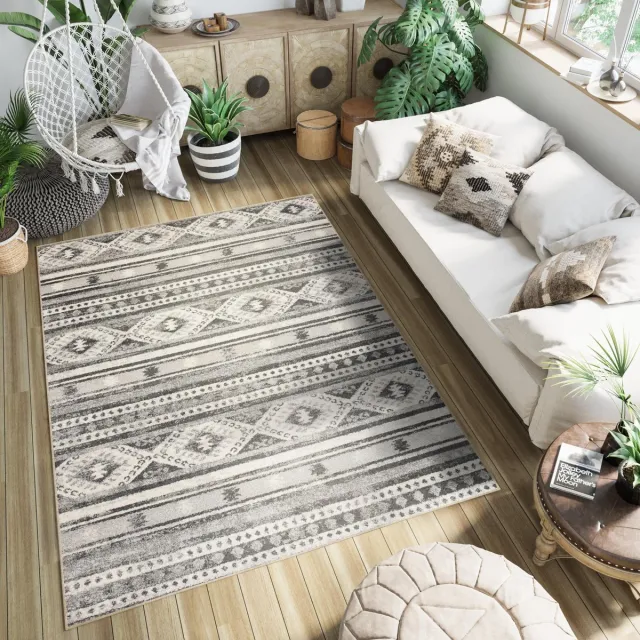 Tapiso Ethno Vloerkleed Woonkamer Slaapkamer Antraciet Vintage Abstract Driehoek Lijnen Sfeervol Design Woonsfeer Duurzaam Hoogwaardig Tapijt Antraciet Creme3