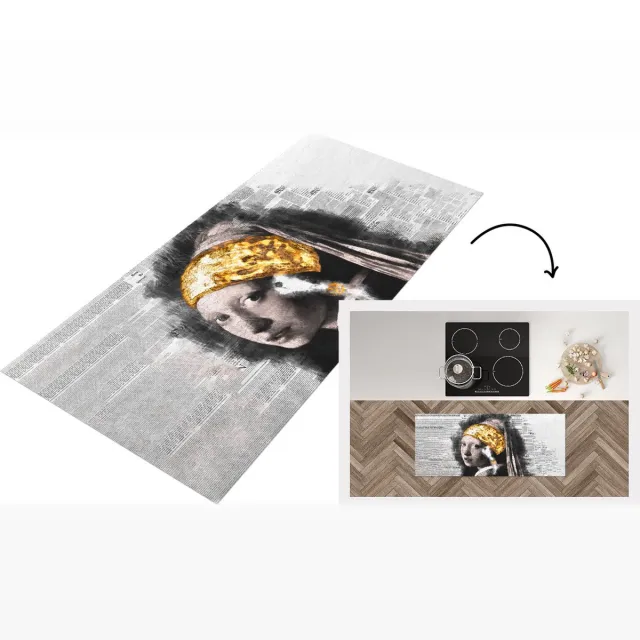 KitchenYeah Keukenloper - Loper keuken - Meisje met de parel - Goud - Krant - Keukenloper vinyl Multicolor