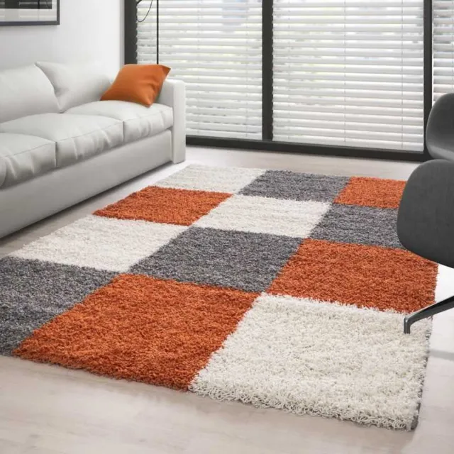 TapisTrend Harig tapijt Terracotta-wit-grijs Hoogpolig vloerkleed met een - geblokt patroon