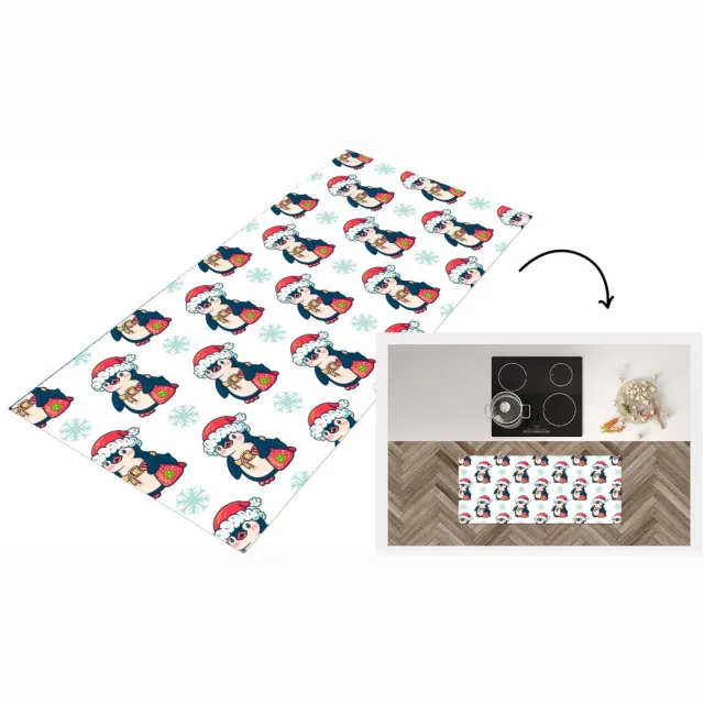 KitchenYeah Keukenloper - Loper keuken - Pinguïn - Kerstmuts - Kind - Patronen - Kerstmis - 120x50 cm - Keukenloper vinyl Multicolor