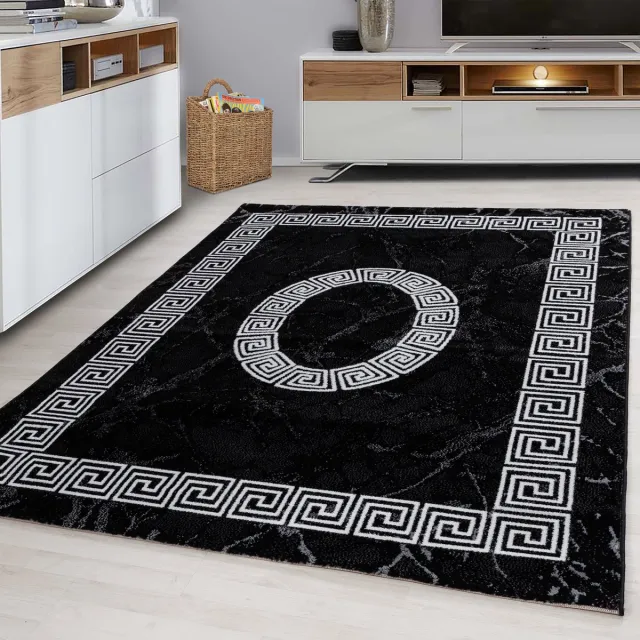 Tapijtenmagazijn Laagpolig vloerkleed, meanderpatroon, zwart, woonkamerkleed, jute achterkant, afmeting: 280 x 370 cm BLACK
