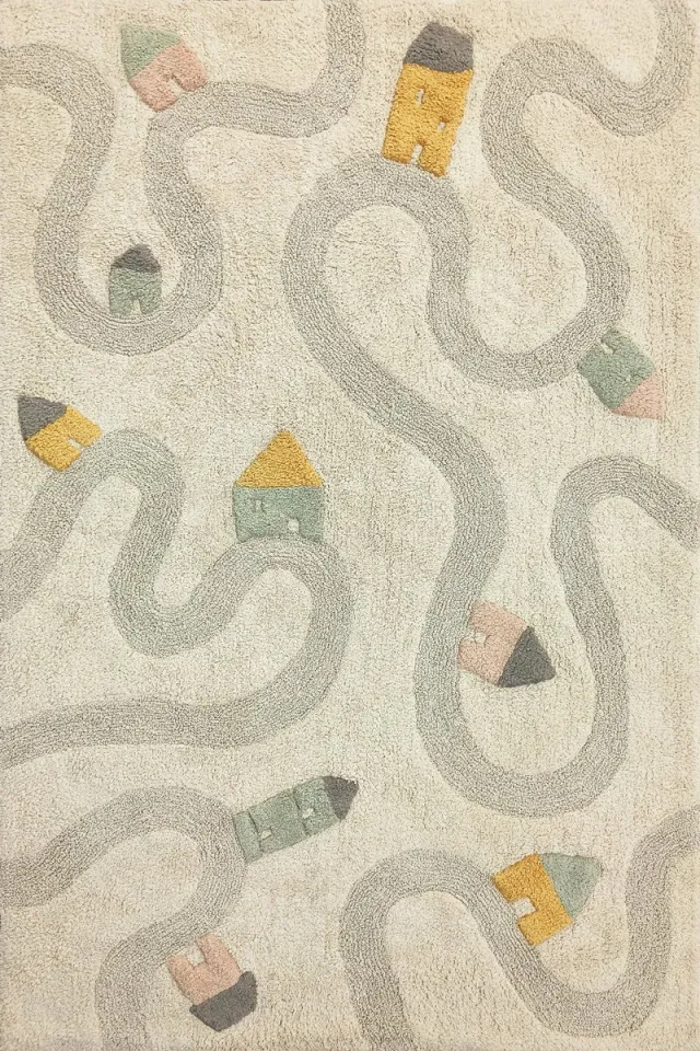 Mats & Joy Little Roads Kinderkamer Vloerkleed 120 x 180 cm - Katoen - Wasbaar - Zacht Speeltapijt - Wegen Kinderkamer Tapijt - Speelkleed - Cotton Collection - Speelhoek Speelmat Beige