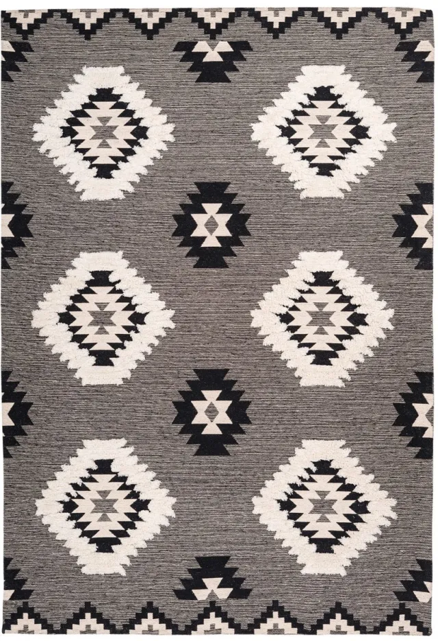 Padiro stijlvol laagpolig vloerkleed 160 x 230 cm - donkergrijs - geometrisch boho-patroon - voor vloerverwarming - van katoen en polyester
