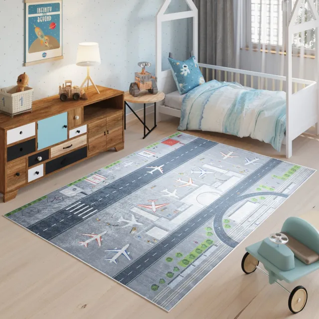 Tapiso Emma Vloerkleed Kinderkamer Kindertapijt Straat Vliegtuig Tapijt Maat- 140x200 Grijs 8