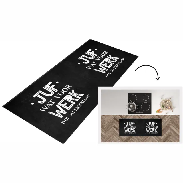 KitchenYeah Keukenloper - Loper keuken - Quote - Zwart - Wit - Juf bedankt - Juf wat voor werk doe jijlijk? - Spreuken - Keukenloper vinyl Multicolor
