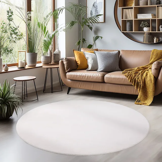 Muratap Sky Soft Uni Basic - Rond Vloerkleed - Laagpolig - Effen Kleur - Creme - Woonkamer Tapijt - Anti-Slip Rug- 120 CM Ø