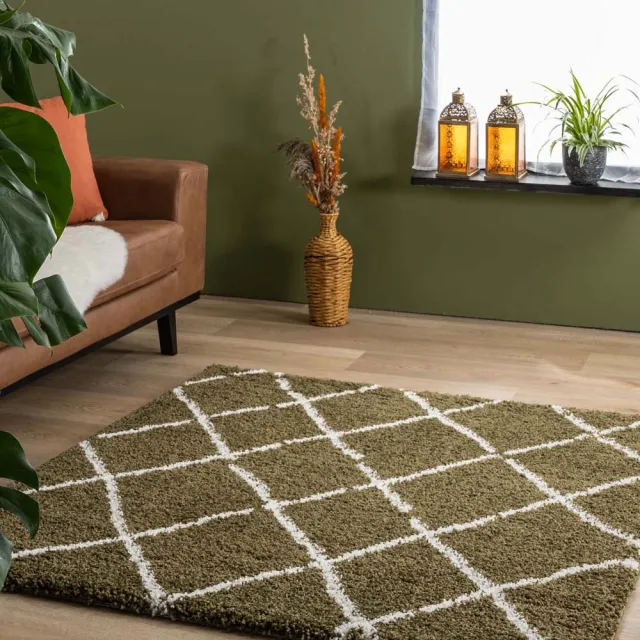Boho&me Vierkant hoogpolig vloerkleed ruiten Artisan - olijfgroen/wit 280x280