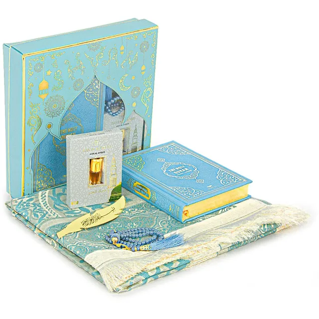 Live Comfy Ihvan Online Gebedsgeschenkset Voor Hajj En Umrah | Islamitisch Gebedskleed | Tasbih Gebedskralen | Heilige Koran Met Engelse Vertaling Blauw