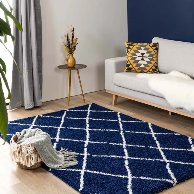Boho&me Hoogpolige loper Ruiten Artisan - marineblauw/wit 80x200