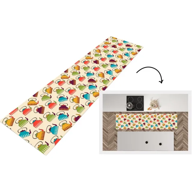 KitchenYeah Keukenloper - Keukenmat vinyl Design - Retro - Theepot - Kleuren - Keukenmatten loper - Keuken vloerkleed tapijt, foto 5
