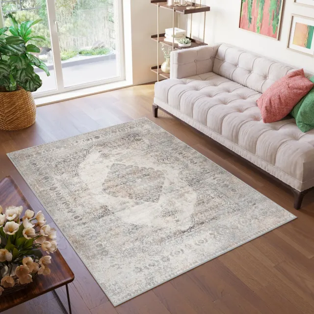 Tapiso Valley Vloerkleed Vintage Laagpolig Grijs Beige Tapijt Maat- 80x150 Beige Grijs4