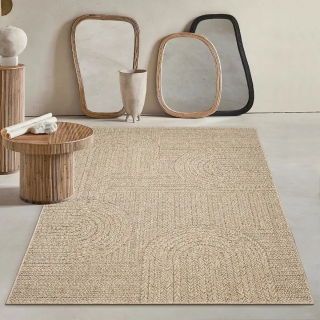 Mia´s Teppiche Mia’s Teppiche Soil - Robuust In- en Outdoor vloerkleed, natuurlijk jute-look met cirkelmotief, weerbestendig, geschikt voor terras en tuin, 60 x 90 cm Naturel | Bruin | regenboog motief