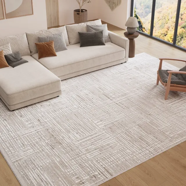 Tapiso Trend Tapijt Kortpolig - Modern Tapijt Hoge Kwaliteit - Elegant Woonkamer Tapijt in Beige Crème met Bruin - Strepen Blurred - Easy-Care Tapijt - OEKO-TEX Beige Creme