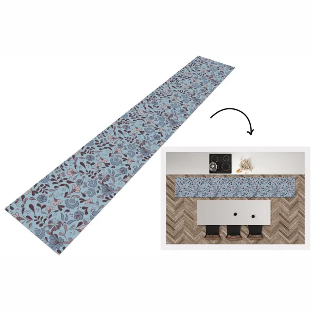 KitchenYeah Keukenloper 300x50 cm - Keukenmat vinyl Patroon - Bloem - Grijs - Blauw - Keukenmatten loper - Keuken vloerkleed tapijt
