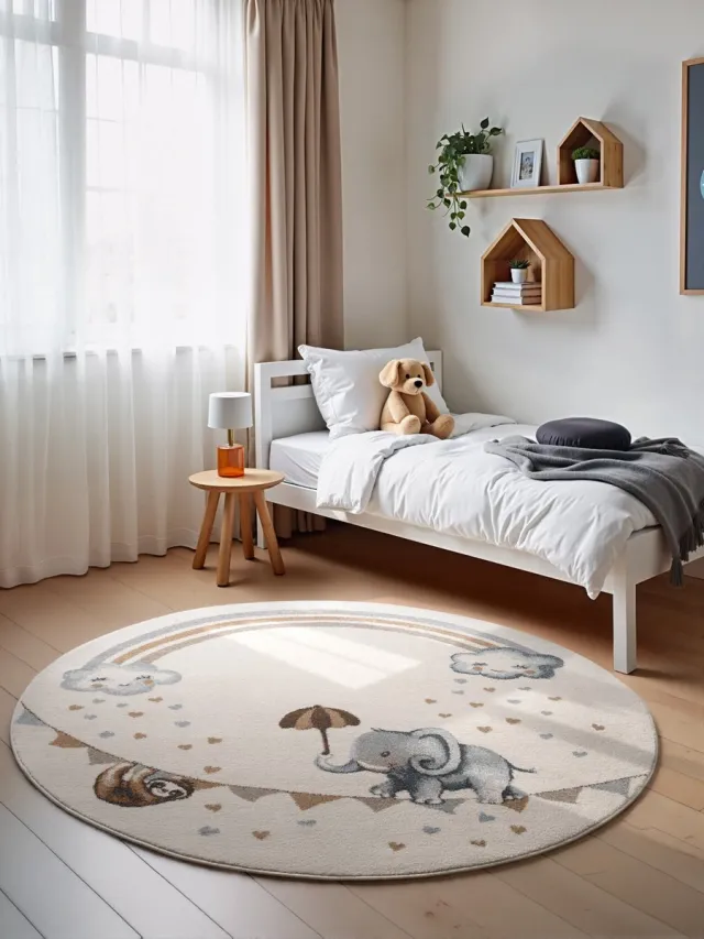 Villeroy & Boch Rond Kindervloerkleed Elephant Rainbow - Creme / Kleurrijk - Laagpolig Vloerkleed Kinderkamer - Ø 160 cm rond