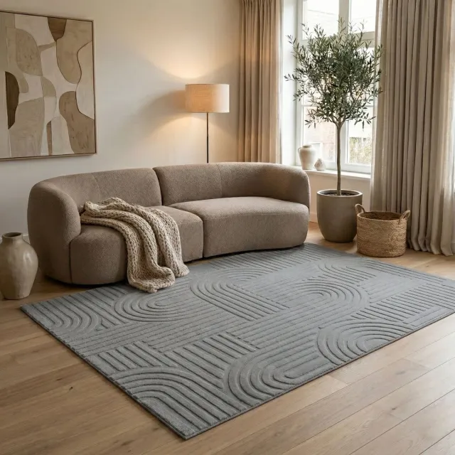 flycarpets Eve Japandi Vloerkleed Grijs - Laagpolig Tapijt Woonkamer - Zacht en Fluffy - 120x170 cm
