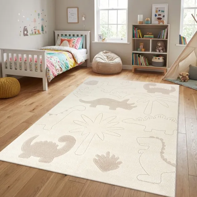 TapisTrend Kinderkleed Crème 140x200 cm Crèmekleurig met een patroon van dinosaurussen, palmbomen en bladeren, geschikt voor slaapkamers en speelruimtes Beige