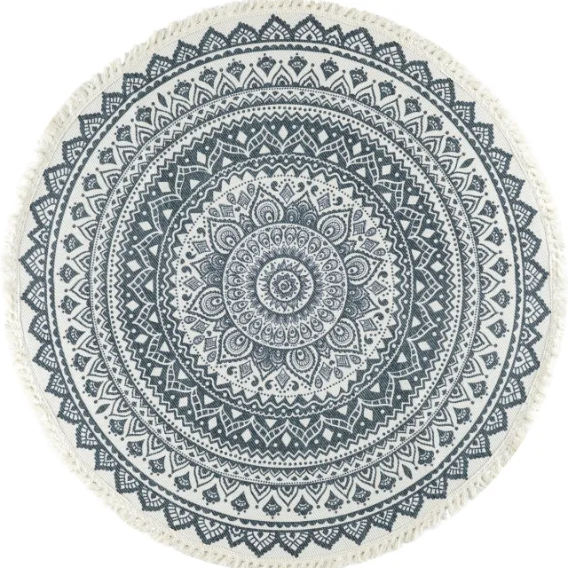 QUVIO Vloerkleed - Tapijt - Vloerbekleding - Bohemian - Mandala - Rond - Met franjes - Voor binnen - Gebroken wit - Antraciet - Grijsblauw - 95 cm