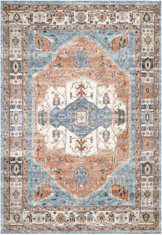AYDIN Mandala Vloerkleed 160x230 cm – Blauw/Terracotta – Wasbaar