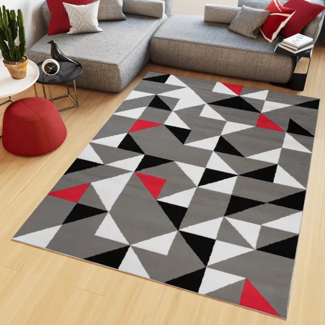 Tapiso Maya Vloerkleed Grijs Laagpolig Geometrische Vormen Tapijt Maat- 130 x 190 cm Zwart Lichtgrijs Rood 2