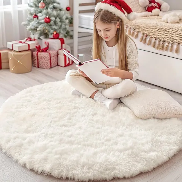 OLANLY Pluche Tapijt - Wit - Hoge Pluis - Geschikt Voor Woonkamer En Slaapkamer - 122x122 cm - Rond