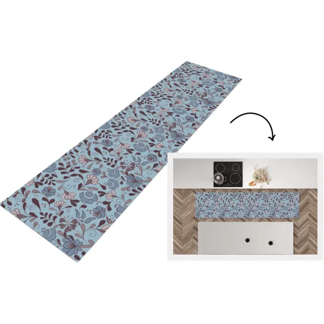 KitchenYeah Keukenloper 200x50 cm - Keukenmat vinyl Patroon - Bloem - Grijs - Blauw - Keukenmatten loper - Keuken vloerkleed tapijt