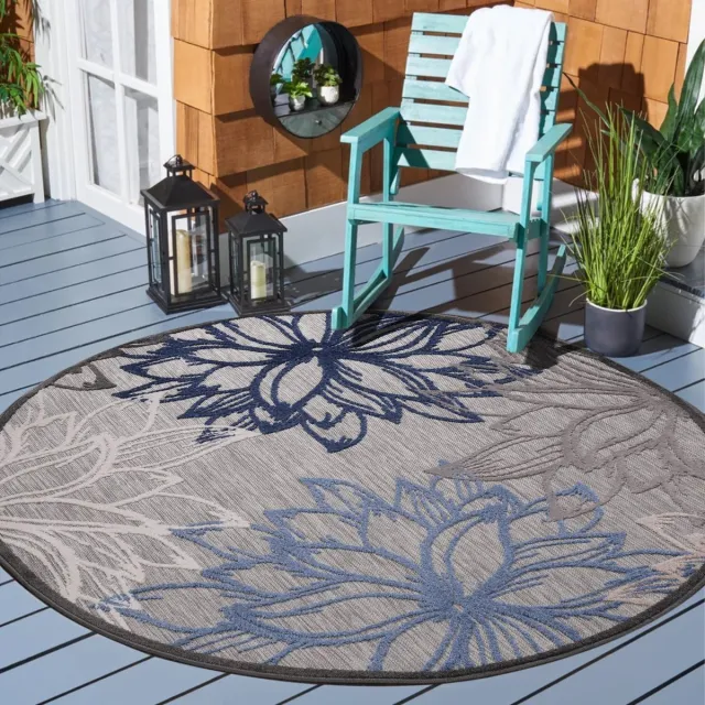 Muratap Floral Outdoor - Buitenkleed Tuin - Rond - Weerbestendig Vloerkleed - Grijs