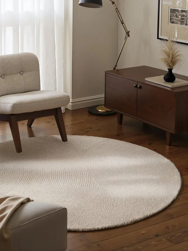 flycarpets Calmio Rond Wollen Vloerkleed Crème - Laagpolig - Japandi / Scandinavisch - Ø 120 cm rond