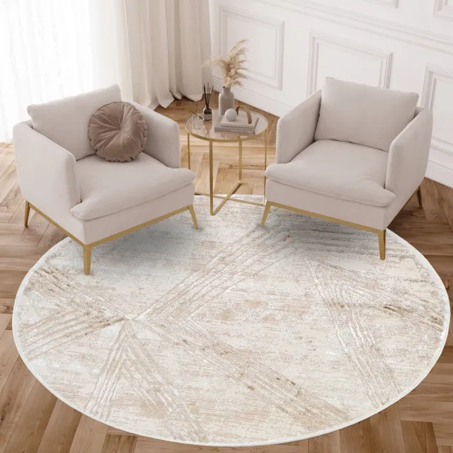Tapiso Crystal Rond Vloerkleed Creme Beige Laagpolig Modern Woonkamer Tapijt Maat- 200x200