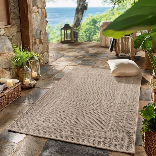 Famanu Buiten vloerkleed in beige, 80 x 150 cm, weerbestendig en UV-bestendig, onderhoudsvriendelijk, effen met rand, perfect voor balkon en terras