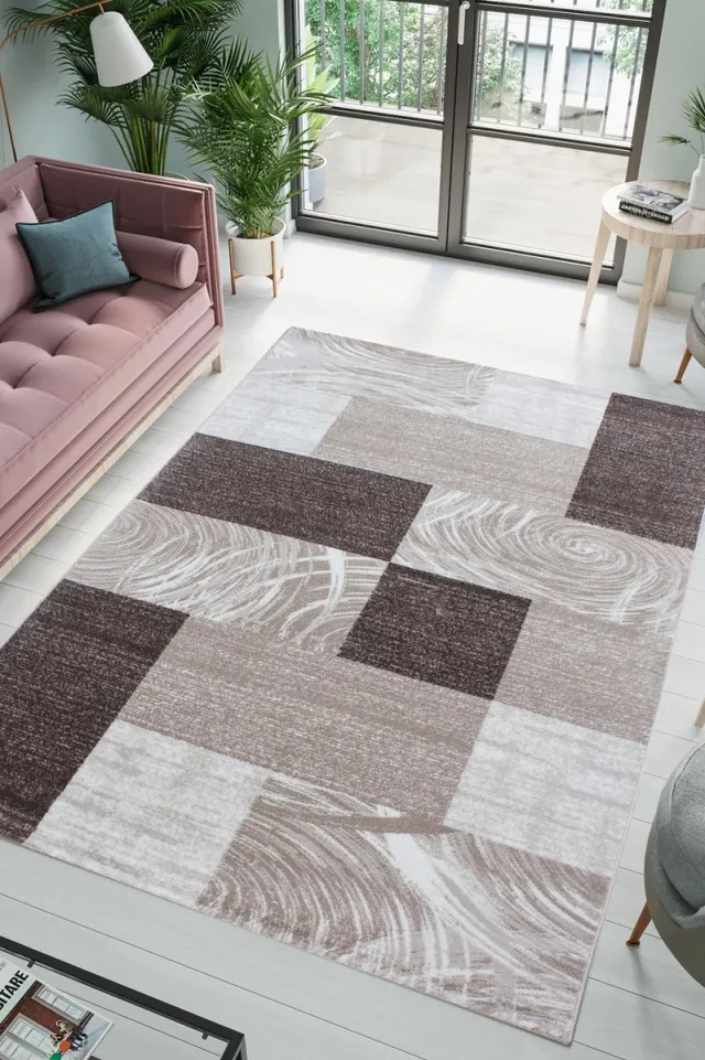 flycarpets Jaden Modern Vloerkleed Geblokt - Bruin / Beige / Creme - 80x150 cm - Laagpolig Tapijt Loper