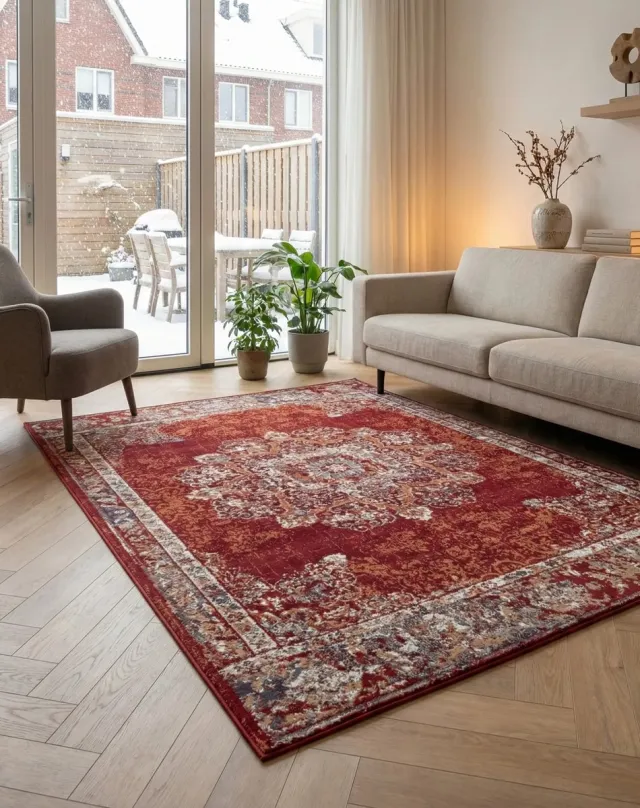flycarpets Klassiek Vintage Vloerkleed Maderno - Rood / Multi - 80x120 cm - Perzisch Tapijt Laagpolig - Loper