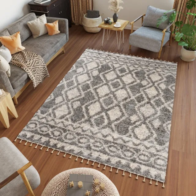 Tapiso Versay Fringes Vloerkleed Boho Hoogpolig Shaggy Tapijt Donkergrijs Creme