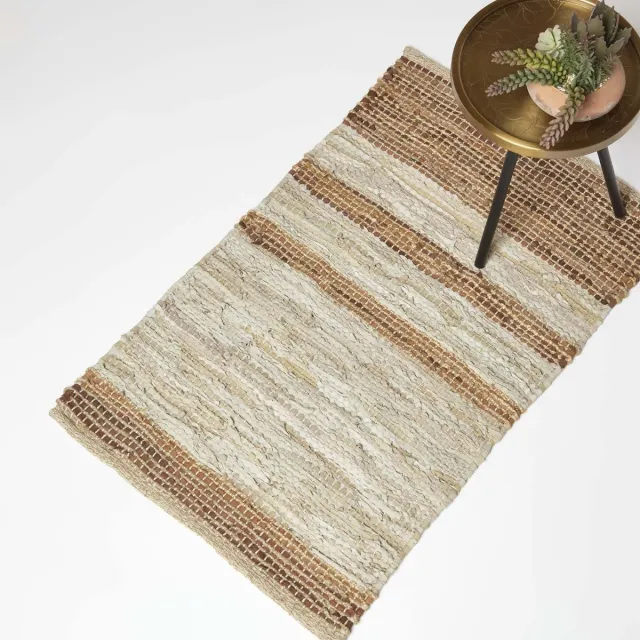 Homescapes leren tapijt beige-bruine strepen 60 x 90 cm - tapijt gemaakt van gerecycled leer Bruin-Beige