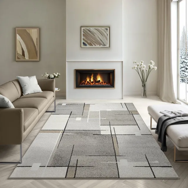 the carpet Pearl Moderne dichte korte pool woonkamer slaapkamer vloerkleed, contour gesneden, Beige, 120 x 160 beige met geometrisch lijn- en blokdesign