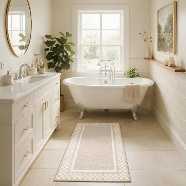 Triumpunpre Washbaar Vloerkleed - Opvouwbaar Printtapijt met schaakbordpatroon en rand met Antislip TPR Onderkant - Beige 60 x 180 cm