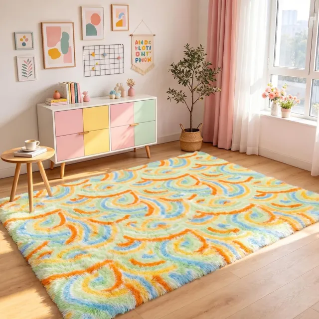 Famanu Hoogpolig vloerkleed in groen, 160 x 230 cm, zacht en comfortabel voor woonkamer of slaapkamer