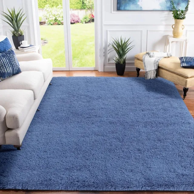 Famanu Hoogpolig vloerkleed voor de woonkamer, slaapkamer en bedmat, modern, rui, zacht, wollig, antislip onderkant, wasbaar, 160 x 230 cm, kobaltblauw