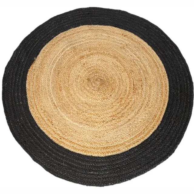 Van Rene Van René Vloerkleed Rond Woonkamer Zwart/Naturel Jute 90cm Badkamermat Zwart en Naturel combi